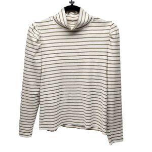J. Crew Puff Sleeve Turtleneck Striped Long Sleeve White Gold Shimmer, Size XL